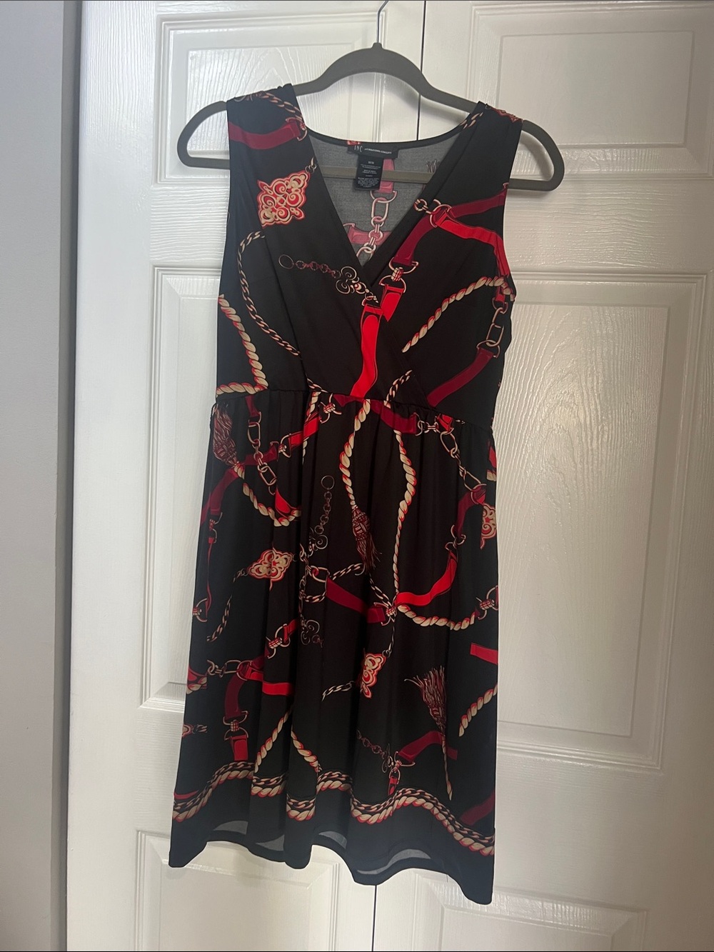 INC International Concepts Black Dress with Red and Cream Chain Print